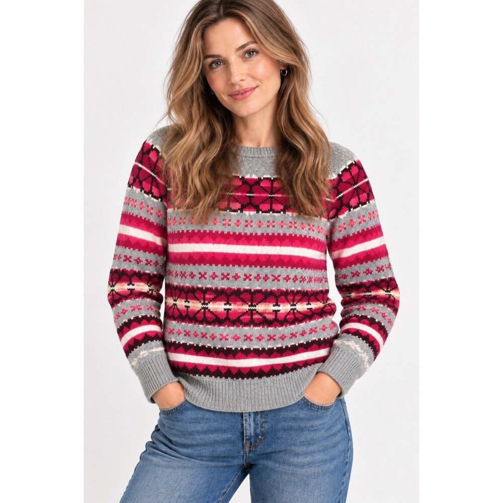 LOFT New Fair Isle Nordic Sweater Gray Pink Burgundy Crewneck Size MP